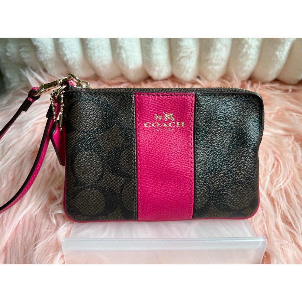 Coach Wristlet in Signature Canvas & Hot Pink Stripe Leather EUC